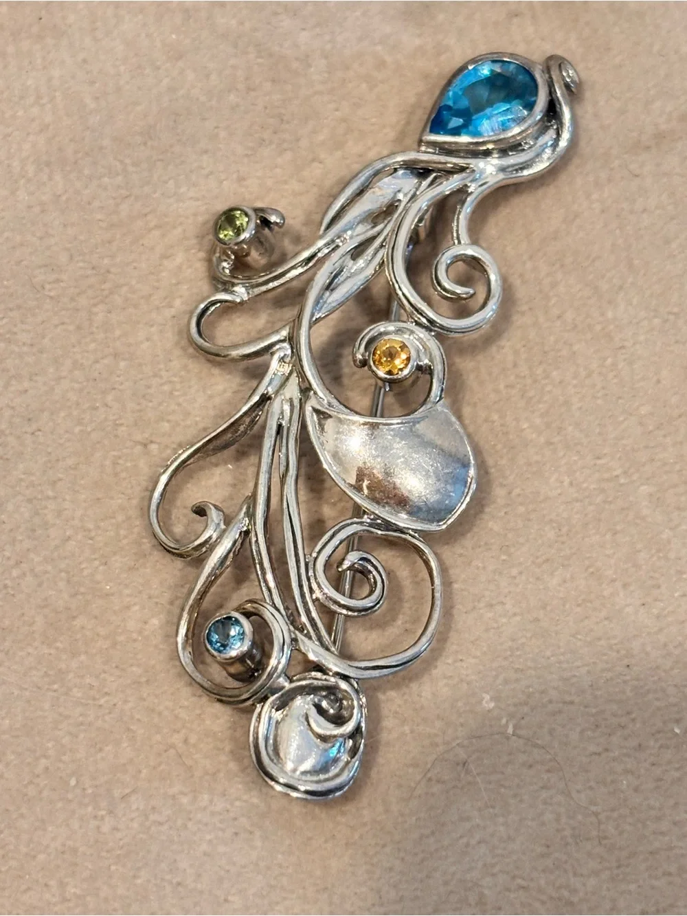 Vintage Designer 925 Sterling Silver & Precious Gemstone Embellished Brooch